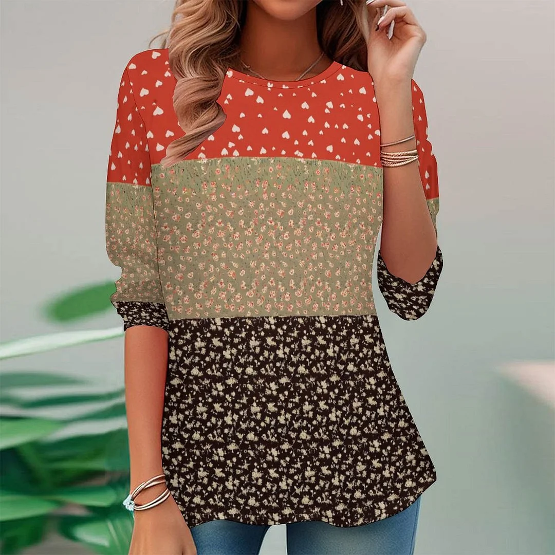 Vintage Printed Long Sleeve Plus Size Tunic for  Women and Men Unisex Pattern Floral,Heart,Red,Light Coffe,Navy,Stitch