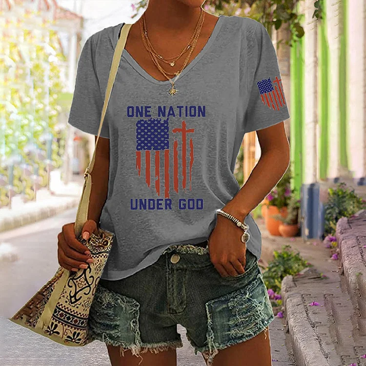 VChics Women's Independence Day Flag One Nation Under God Print Casual T-Shirt