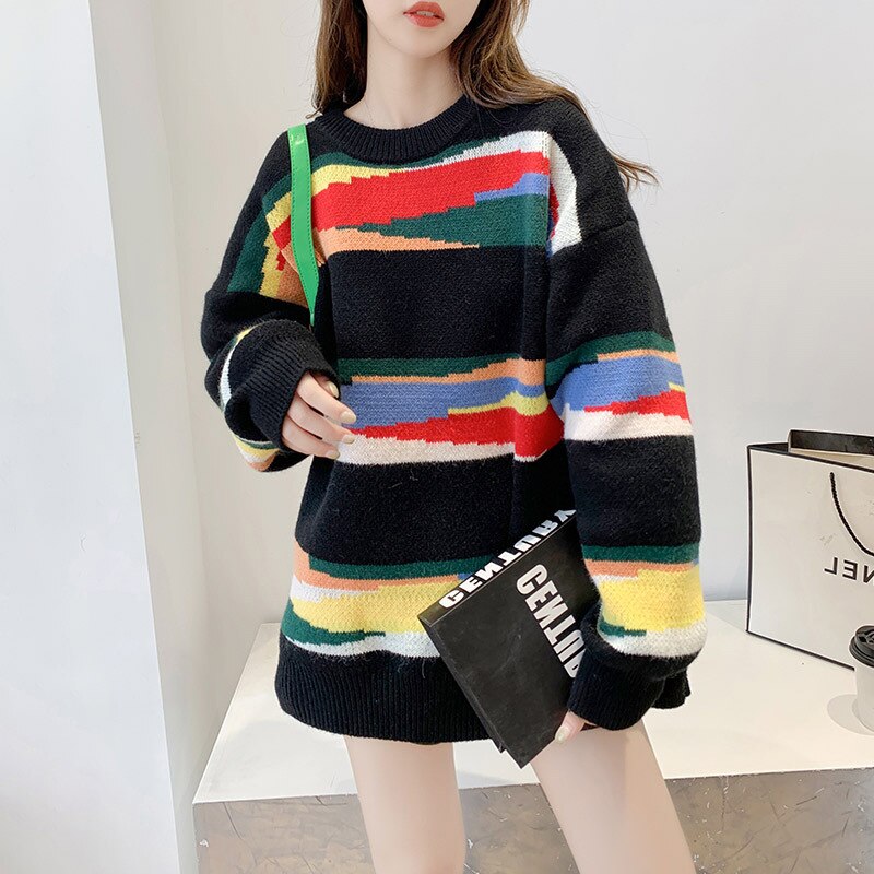 Women's Sweater 2021 New Pullover Sweater Women's Autumn and Winter Loose Striped Korean-Style Colorful Mid-Length Coat