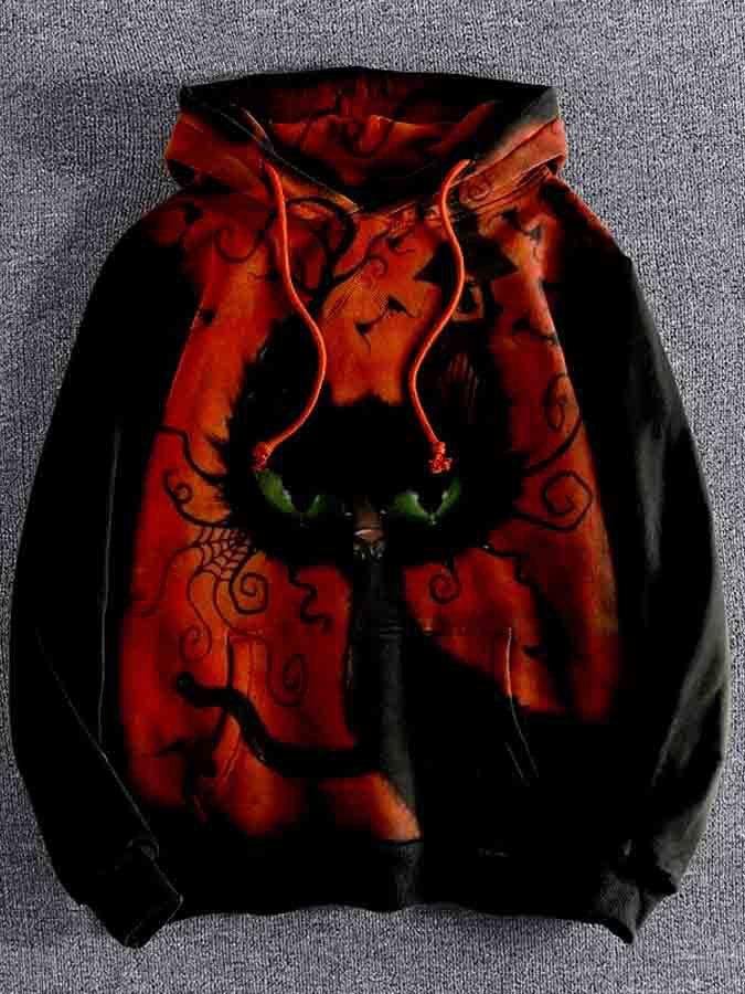 Men's Casual Halloween Cat Print Hoodie