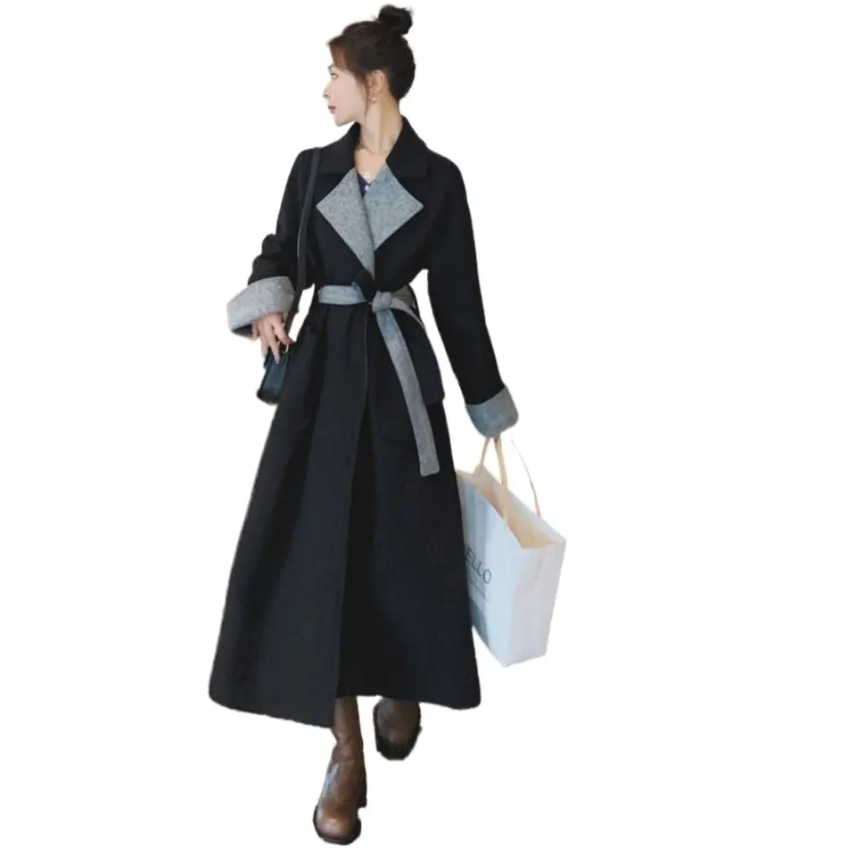 Office Lady Black Hepburn Wool Coat Women's Middle And Long 2021 Fashion Winter New Loose And Thin Temperament Thick Woolen Coat