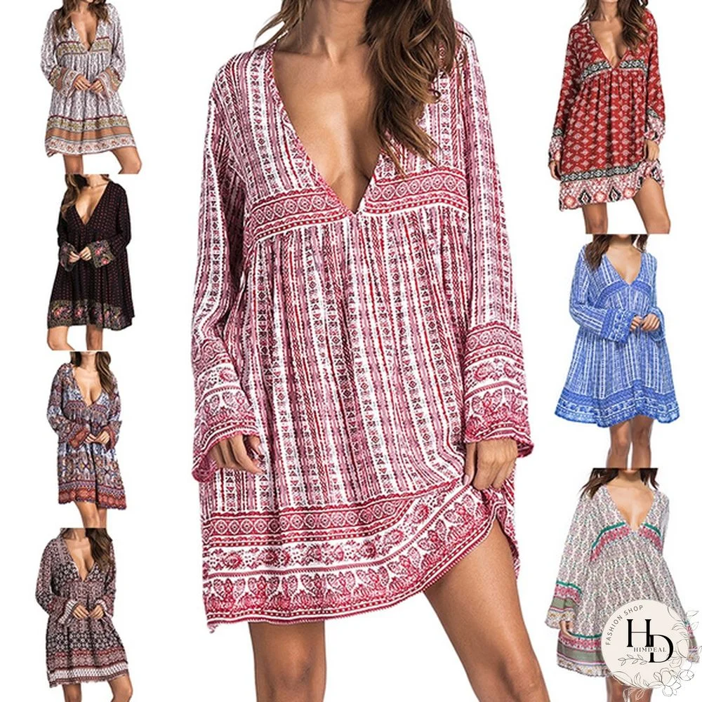 Women Boho Mini Dress Floral Printed Long Sleeve Deep V-Neck Loose Party Beach Short Dress