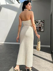 Eslicerpro Knitted 3D Crochet Flower Skirt Sets For Women 2Pcs Halter Backless Crop Tops Elegant Women's Set Split Bodycon Sexy Beach Skirt