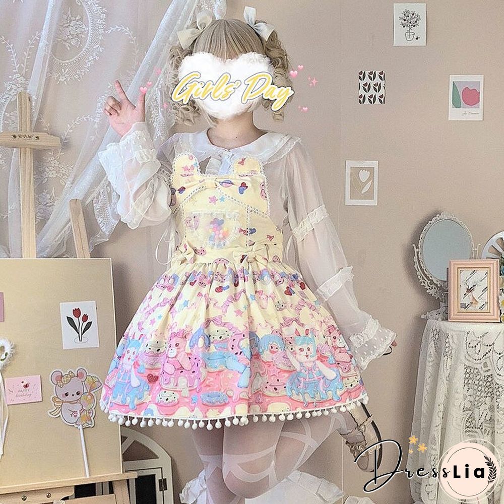 Sweet Lolita Milk Foam Pudding Print Cute Jsk Strap Dress Women Summer Tea Party Princess