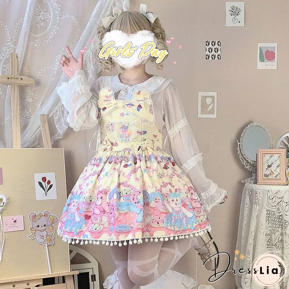 Sweet Lolita Milk Foam Pudding Print Cute Jsk Strap Dress Women Summer Tea Party Princess