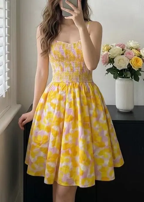 Plus Size Yellow Print Wrinkled Cotton Cami Dresses Summer