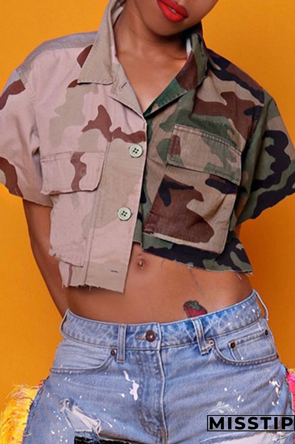 Camouflage Street Print Camouflage Print Patchwork Pocket Buckle Tops