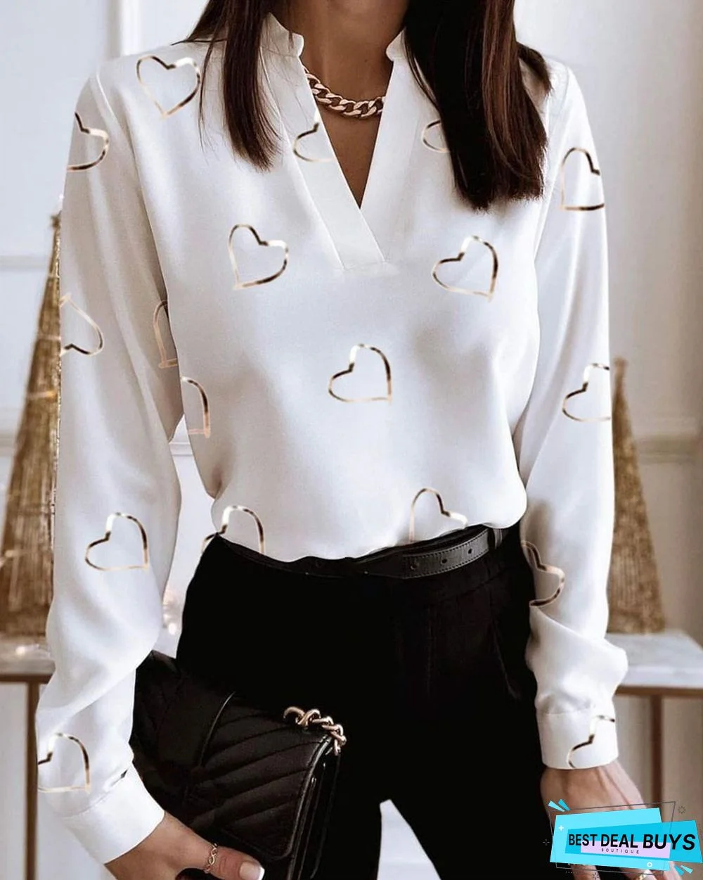 White Ruffled Printed Casual Holiday Long Sleeve Shift Shift Blouse