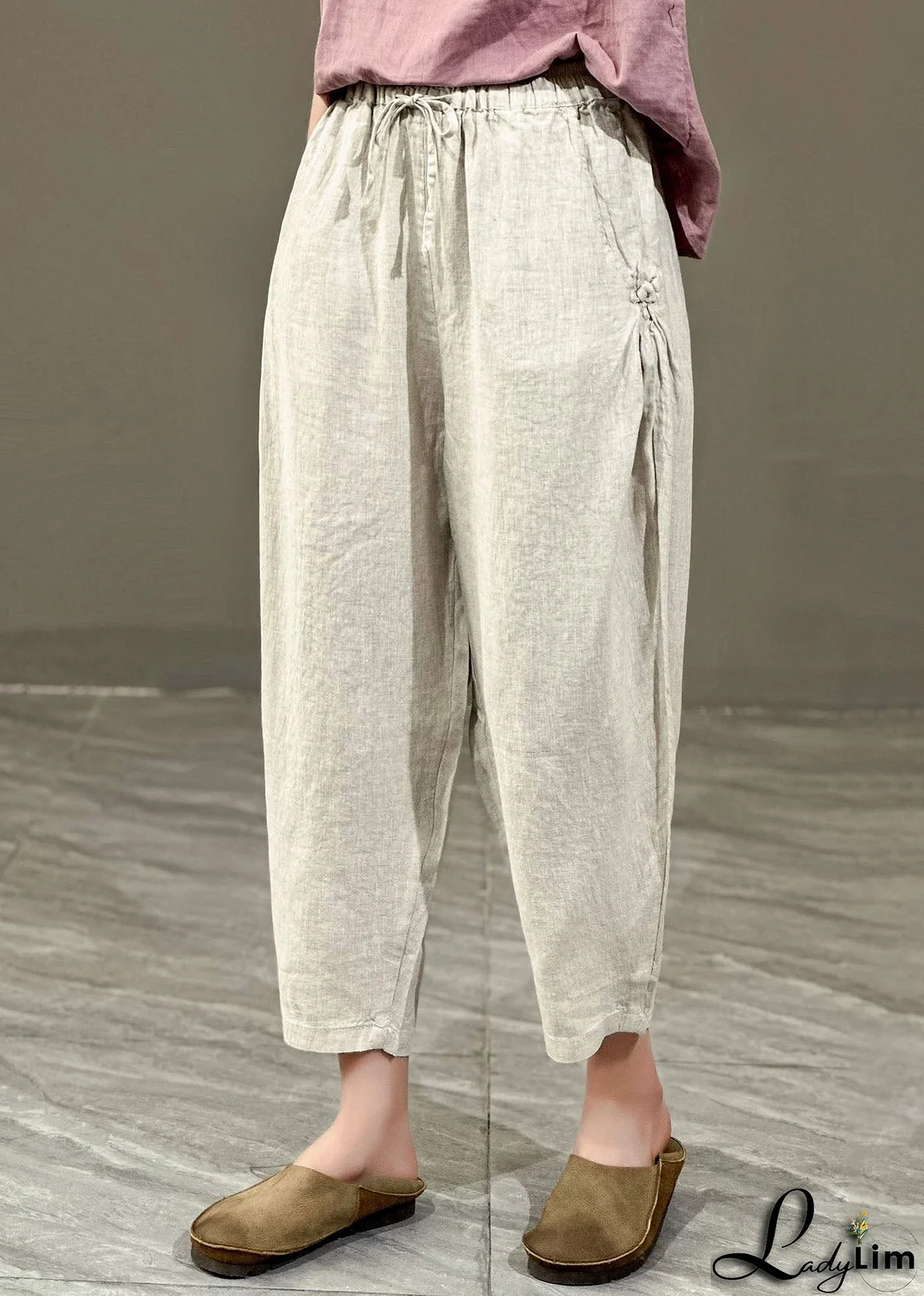 Casual Yellow Pockets Cinched Patchwork Linen Harem Pants Summer