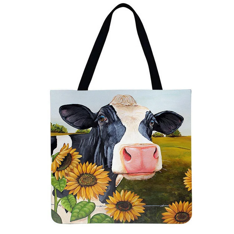 Linen Eco-friendly Tote Bag - Cow sunflower