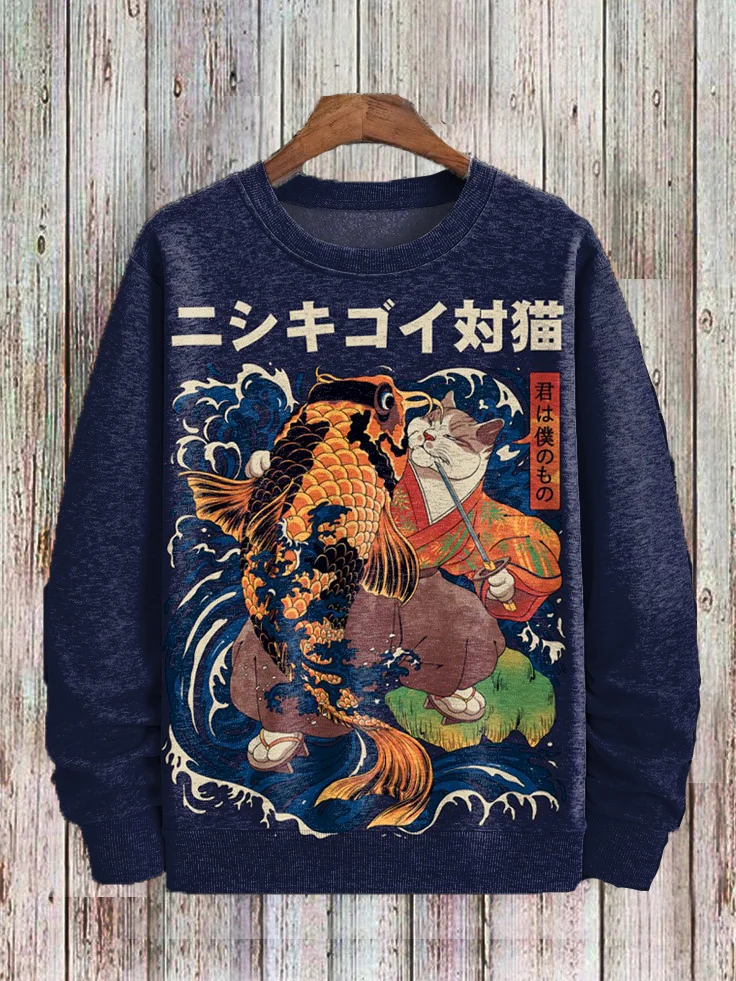 Men's Japanese Art Cat Koi Fish Illustration Print Casual Sweatshirt