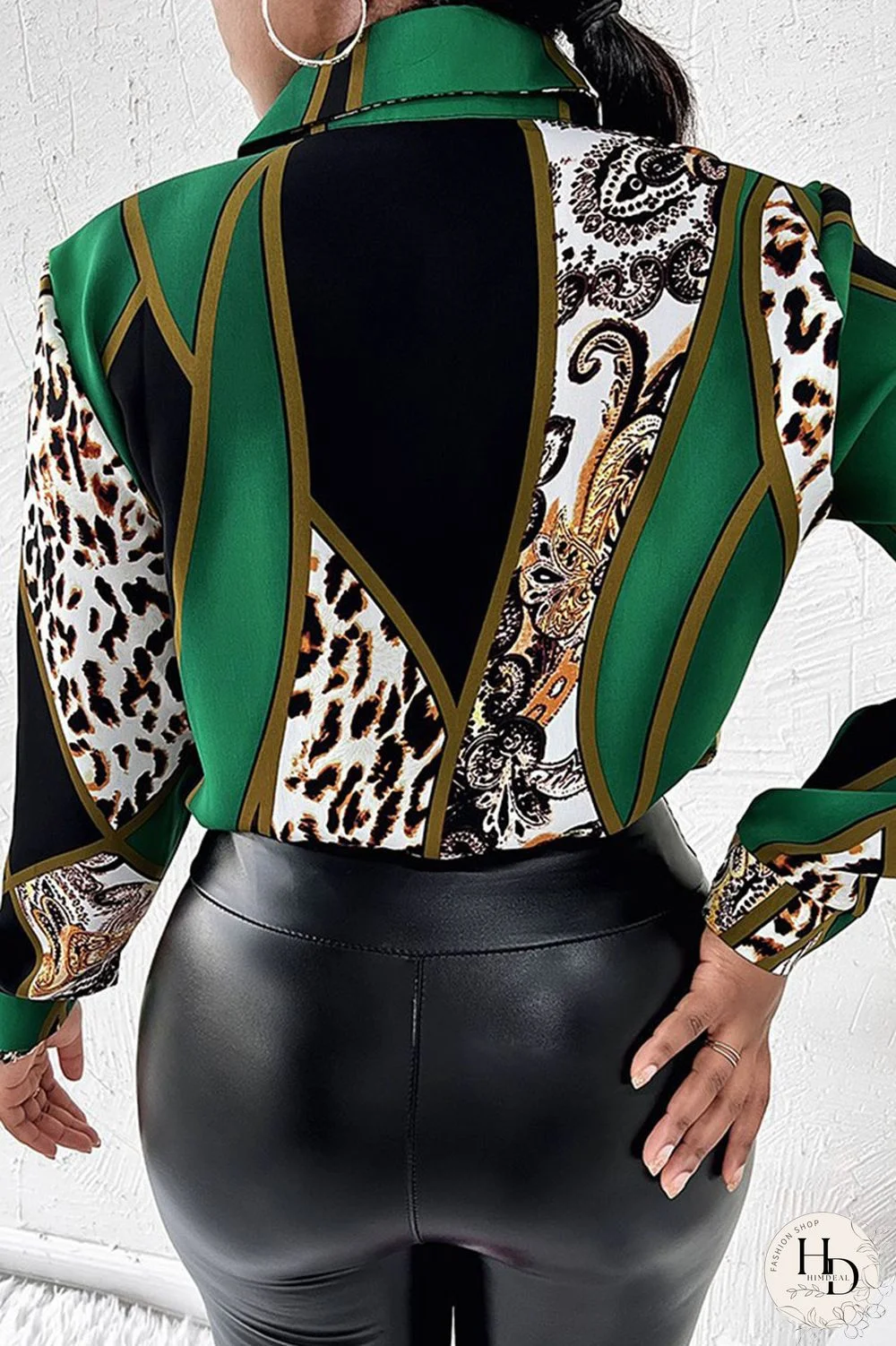 White Casual Print Patchwork Buckle Turndown Collar Tops