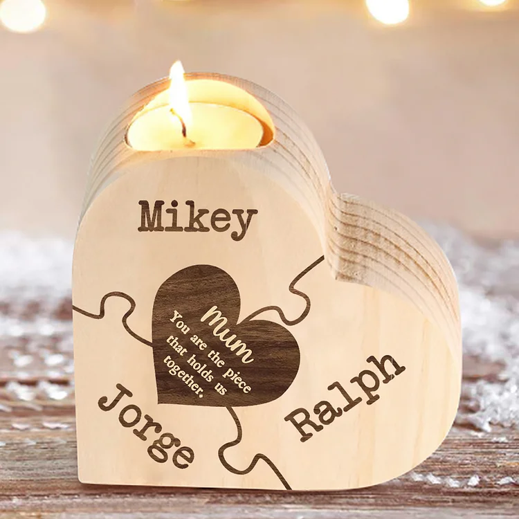 3 Names-Personalized Heart-Shape Candlestick Mother's Day Gift Wooden Custom Candle Holder For Mum