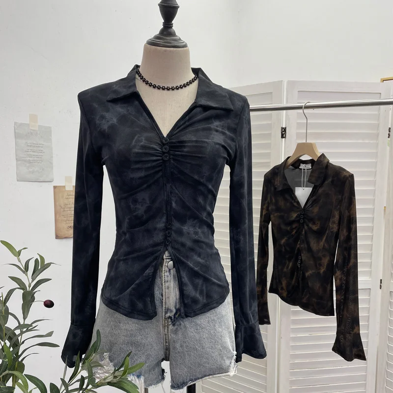 Uveng Real Shooting 2025 Spring And Summer New Tie Dye Mesh Elastic Temperament Clasp Tsets Single-Dear Horn Sleeve Shirt 8042