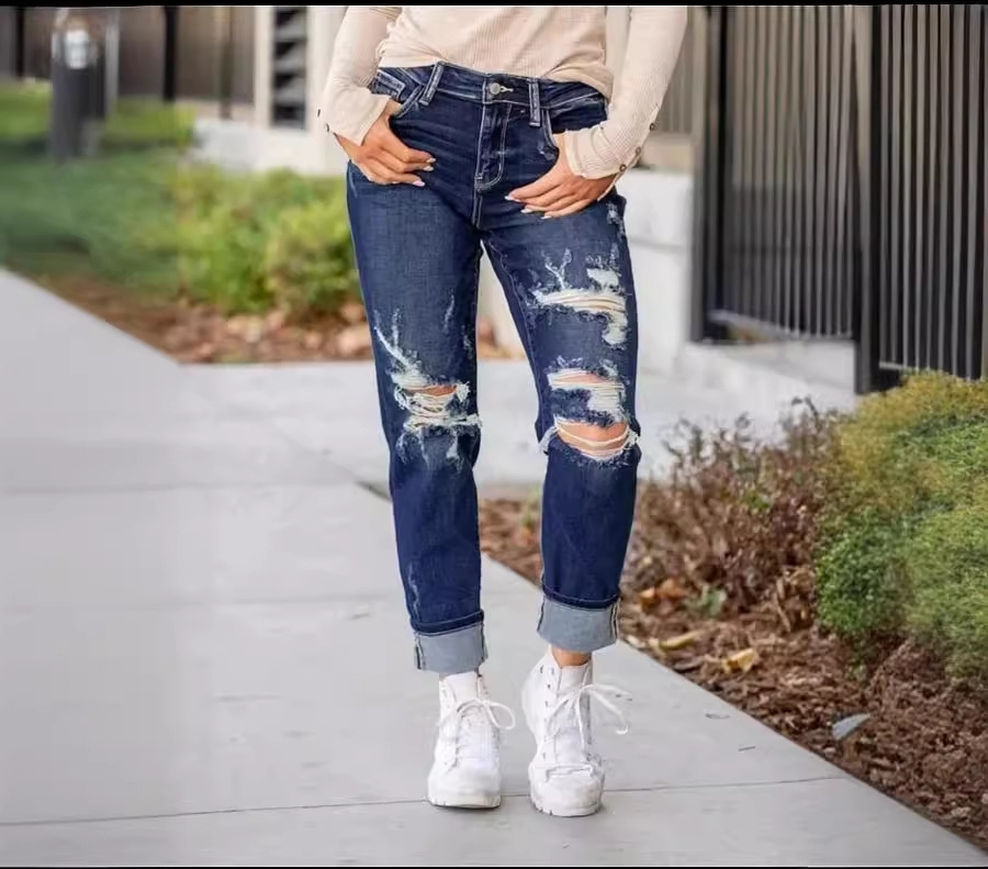 Mature Women Cross Border Jeans Independent Station Ripped Mid Waist Pencil Pants Hip Hop Trousers