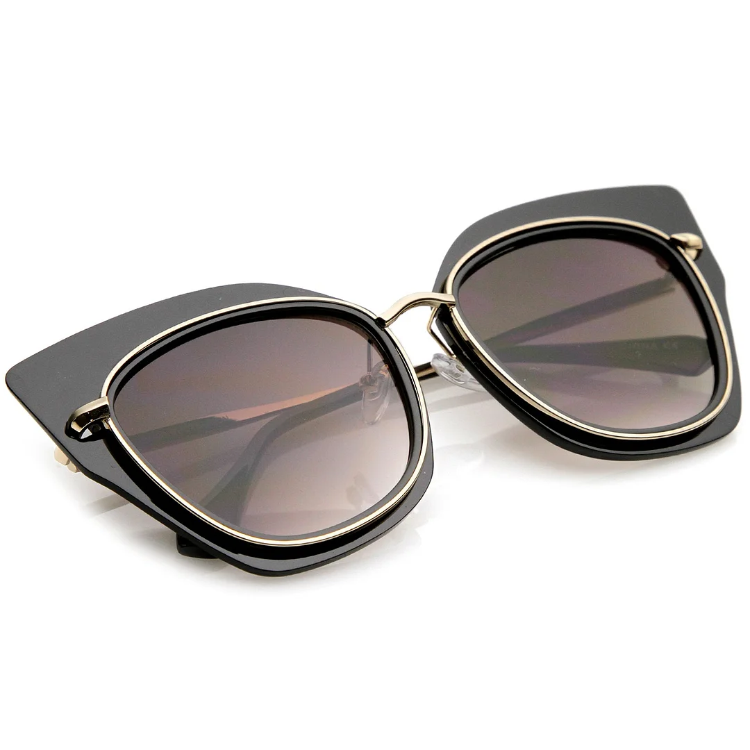 Women's Oversize Metal Trim Slim Arms Super Flat Lens Cat Eye glasses 57mm