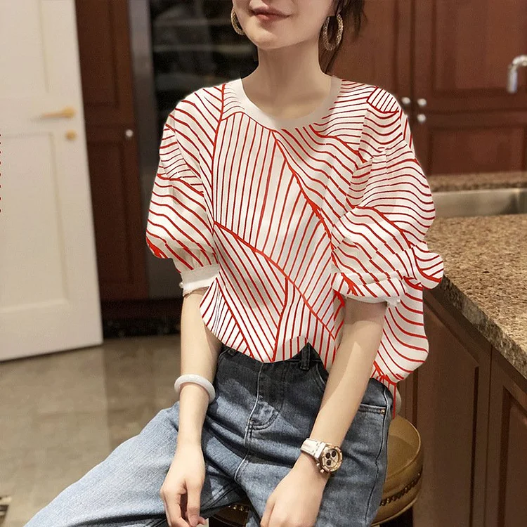 Striped Bubble Sleeve Blouse QueenFunky