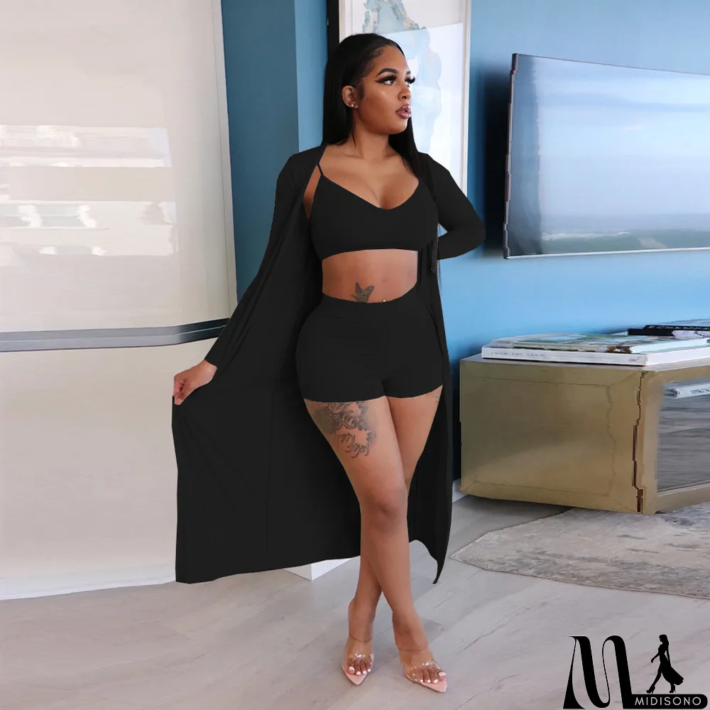 MidiSono - Solid Cami Top+Shorts+Long Cloak 3 Piece Sets