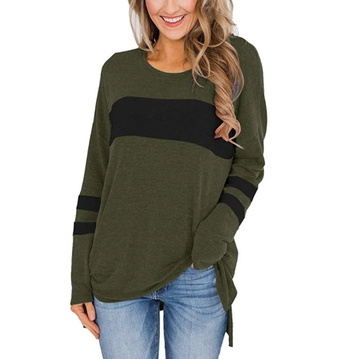 Women's Color Matching Long-sleeved Round Neck T-shirt