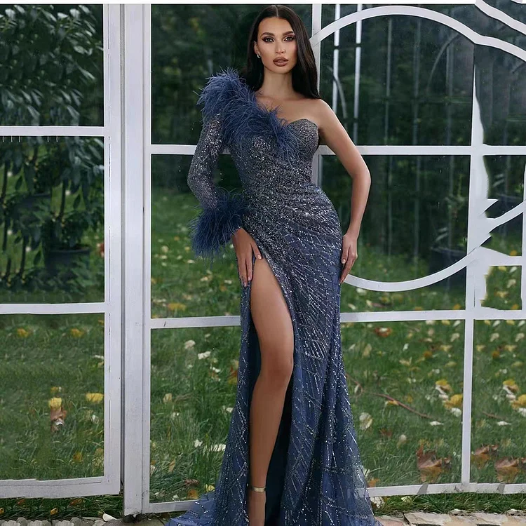 Sexy Feathers Mermaid Evening Dresses Glitter Sequin Long Formal Party High Split Prom Gowns
