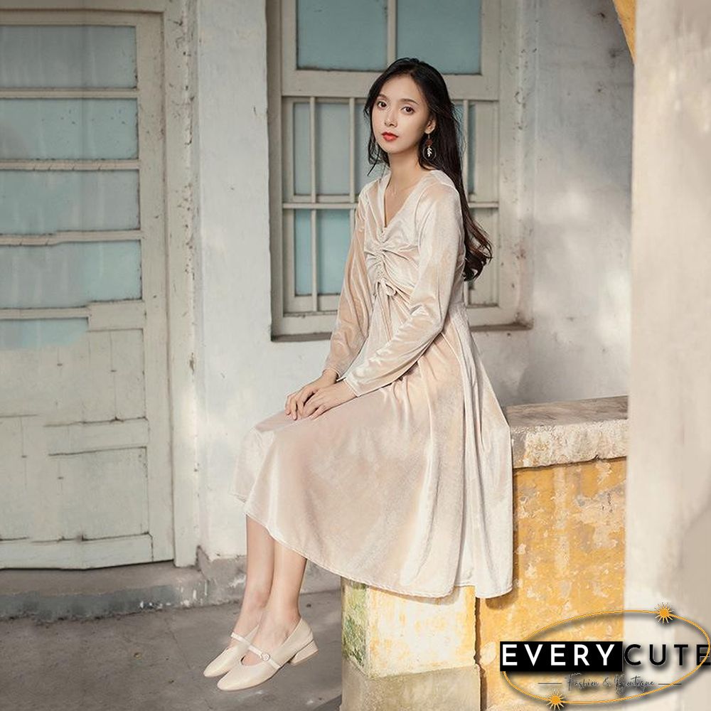 Women Drawstring V Neck Velevt Pure Color Dress