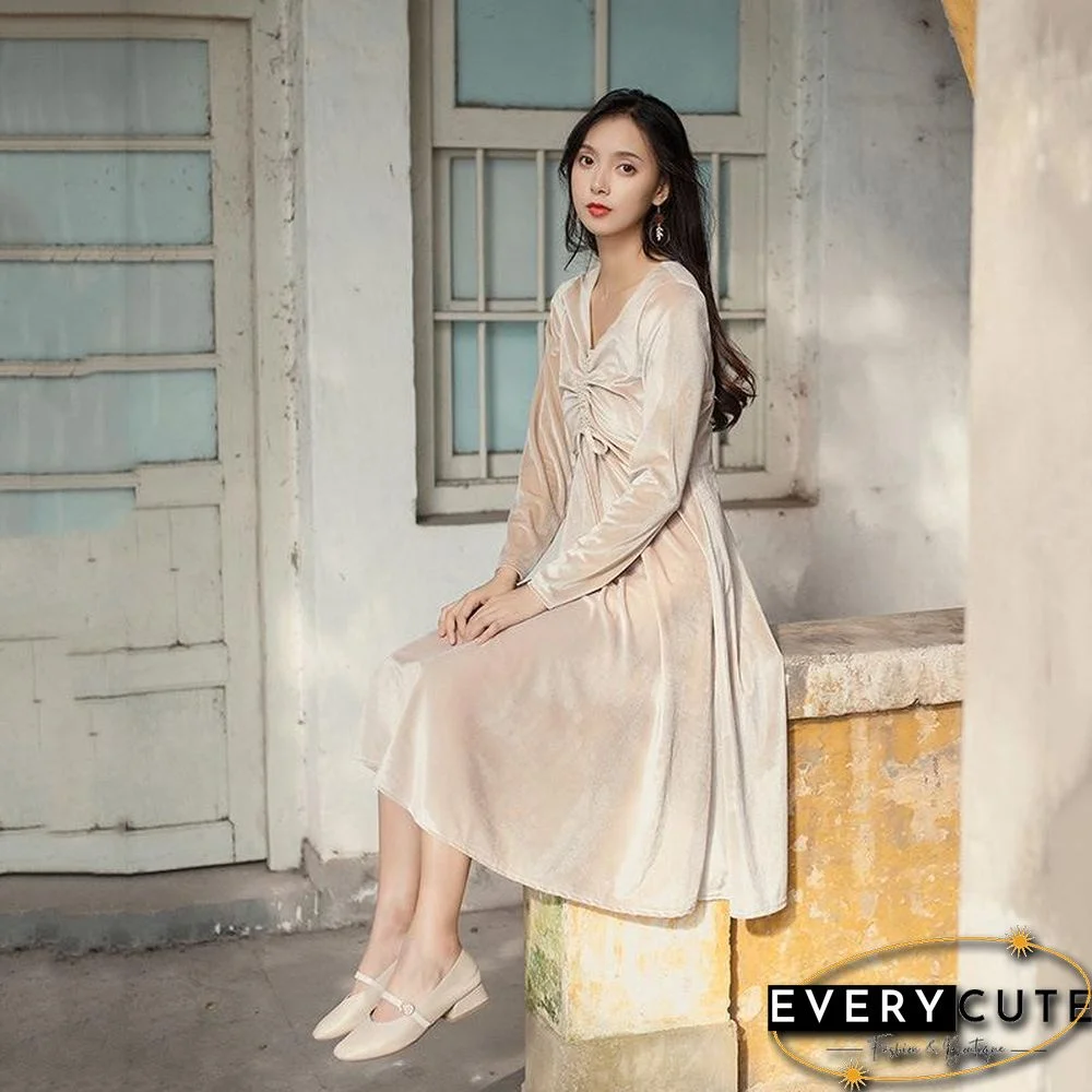 Women Drawstring V Neck Velevt Pure Color Dress