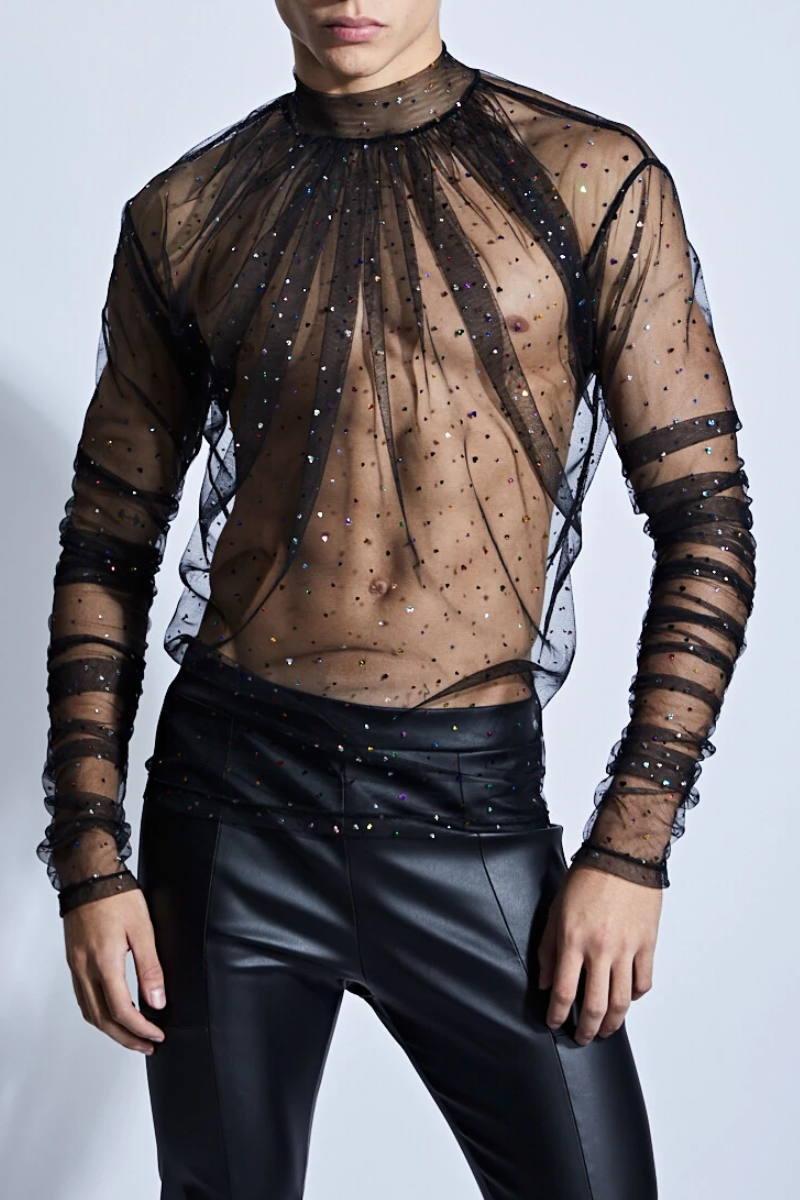 Glitter Pearl Mesh See-Through Long Sleeve Black Top