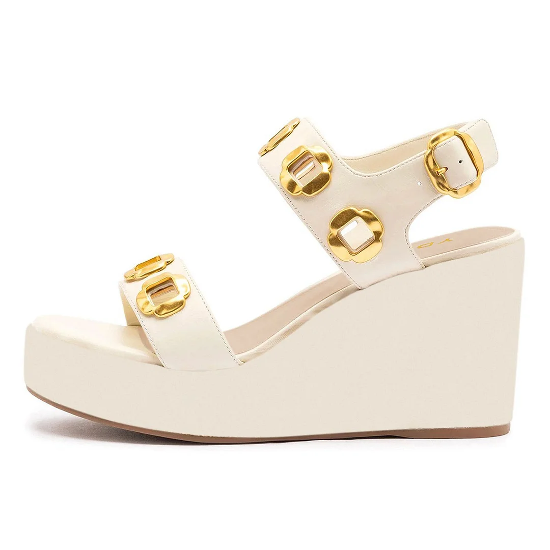 Round Toe Wedge Heel Metal Decor White Sandals for Women with Buckle