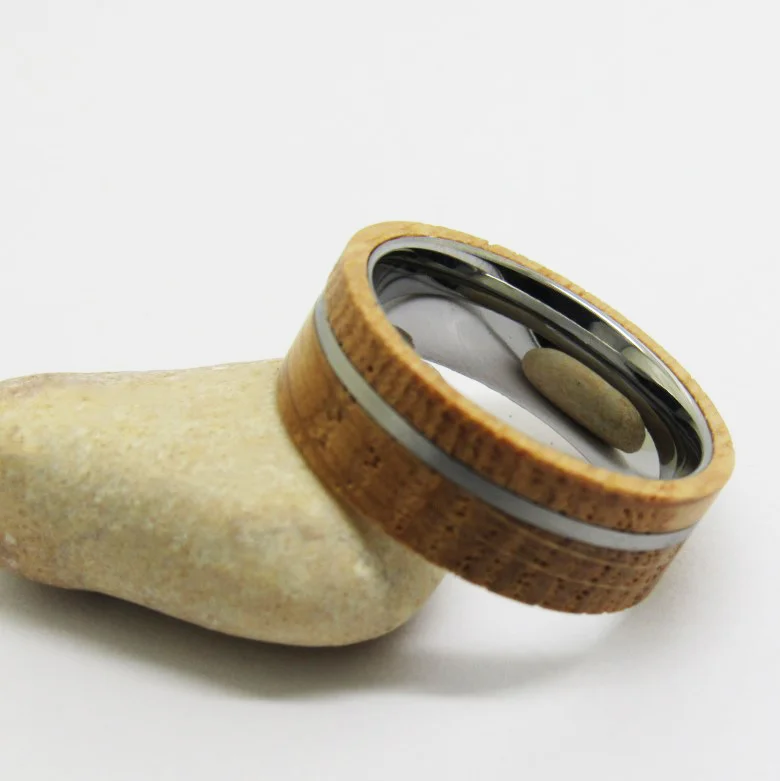 8MM Silver Flat 1/3 Slot Yellow Tungsten Bands For Mens And Womens With Wine Barrel Wood Wedding