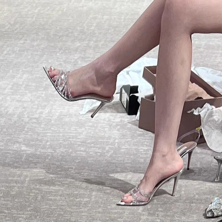 Yyvonne Niche Tip Water Drill High Heel Slippers Female Fine Heel Sexy Famous Silver Word With Transparent Drag Sandals Woman
