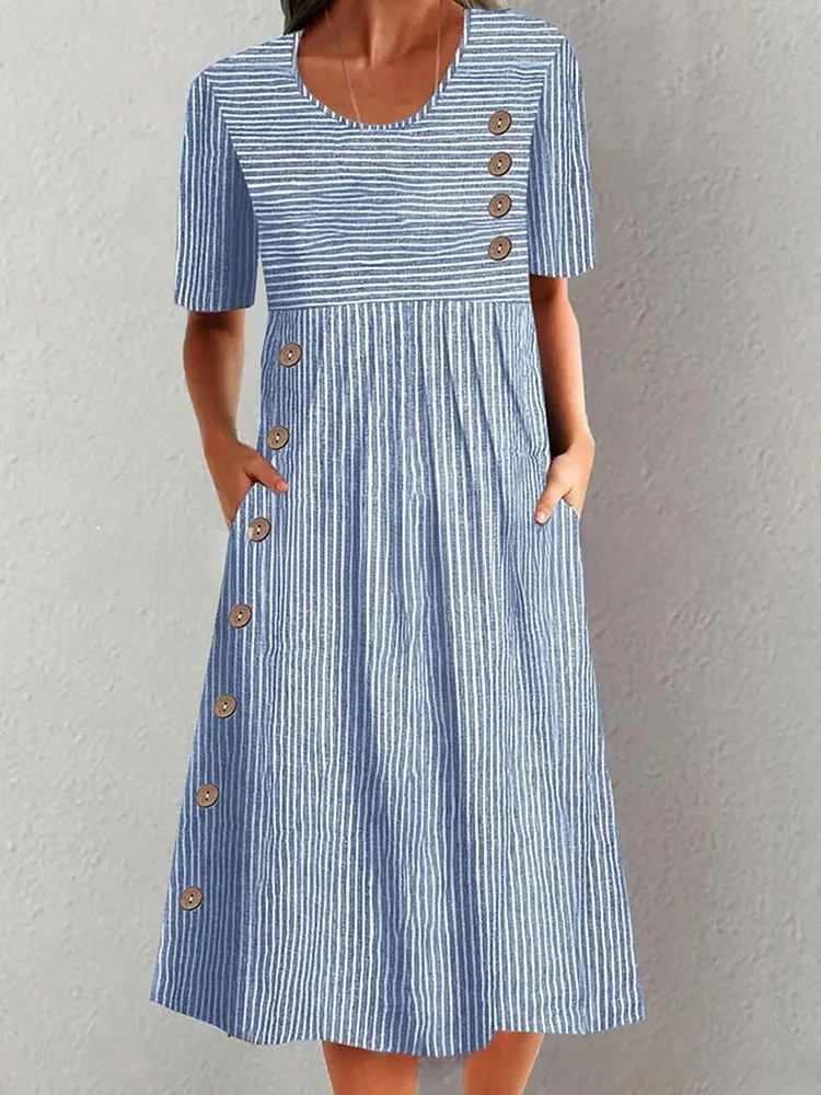 Women's spring and summer decorative button round neck dress striped long skirt socialshop