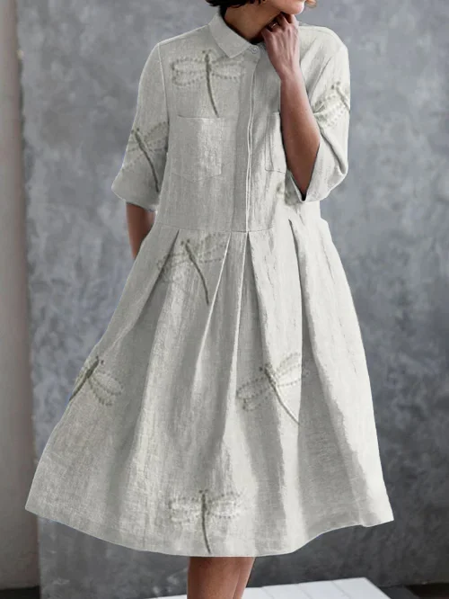 Vintage Embroidered Dragonfly Print Casual Pocket Half Sleeve Dress