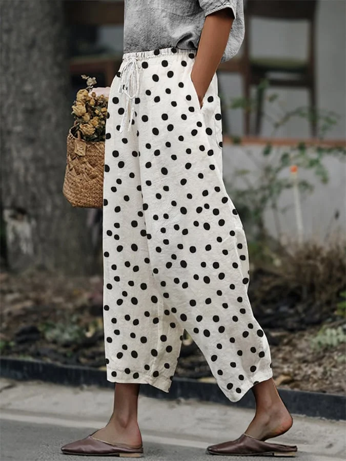 Women's Retro Polka Dot Print With Elastic Waist Lace-Up Loose Casual Pants