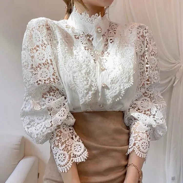 Hollow Floral High Neck Blouse