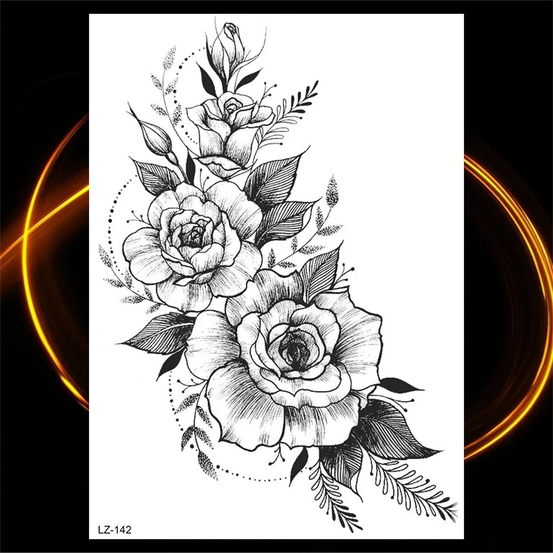 Sdrawing Black Rose Flower Compass Temporary Tattoos For Girl Men Skull Cross Butterfly Fake Tattoo Sexy Thigh Waterproof Tatoo