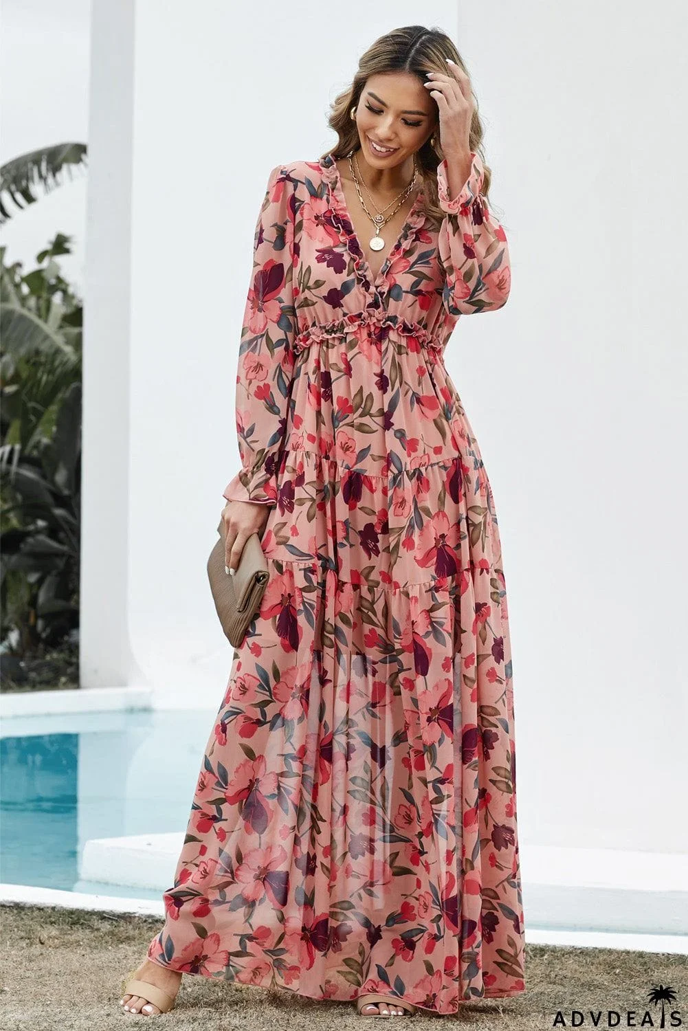 Floral Frill Trim Flounce Sleeve Plunge Maxi Dress