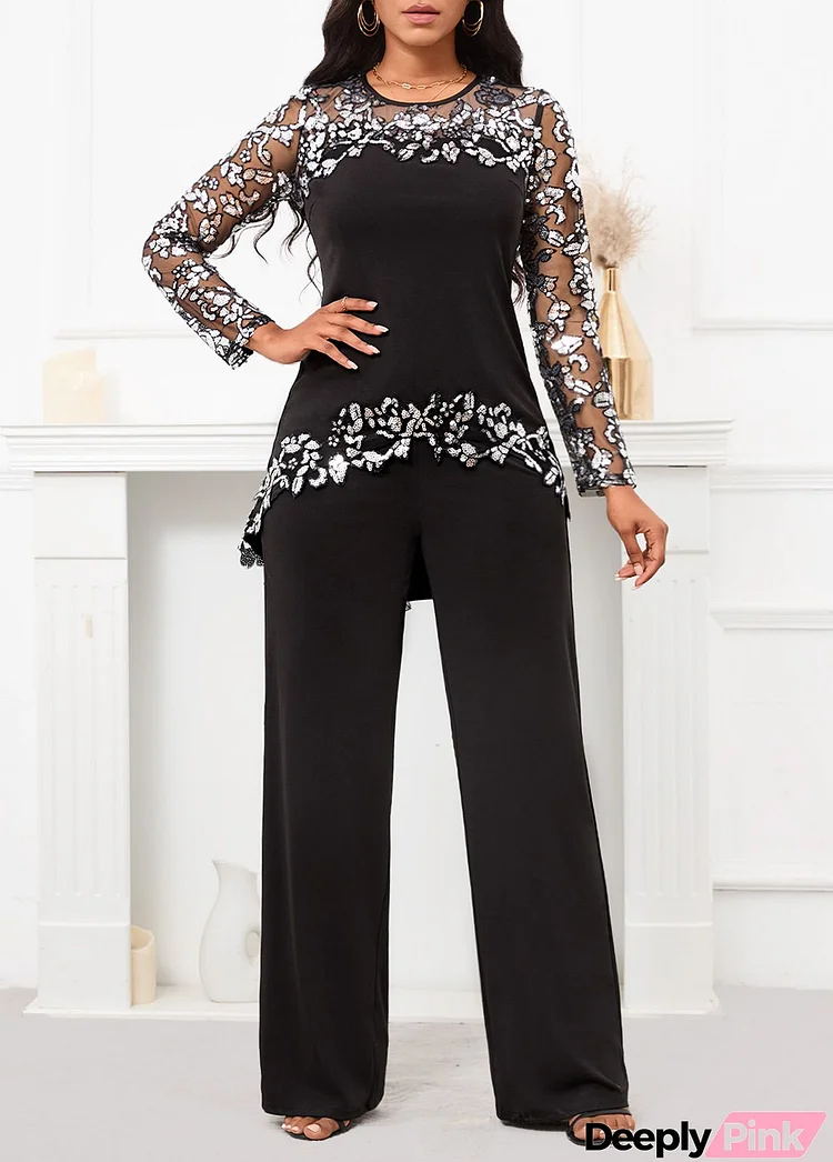 Black Sequin Patchwork Long Round Neck Jumpsuit