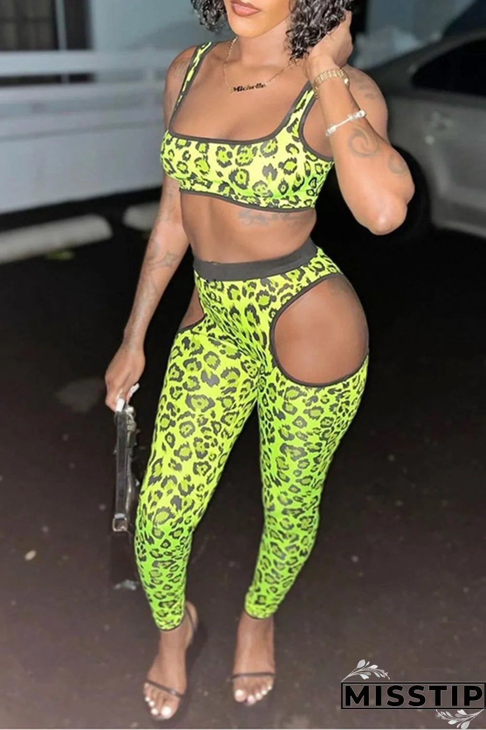 Green Fashion Sexy Print Hollowed Out Fold Spaghetti Strap Sleeveless Two Pieces