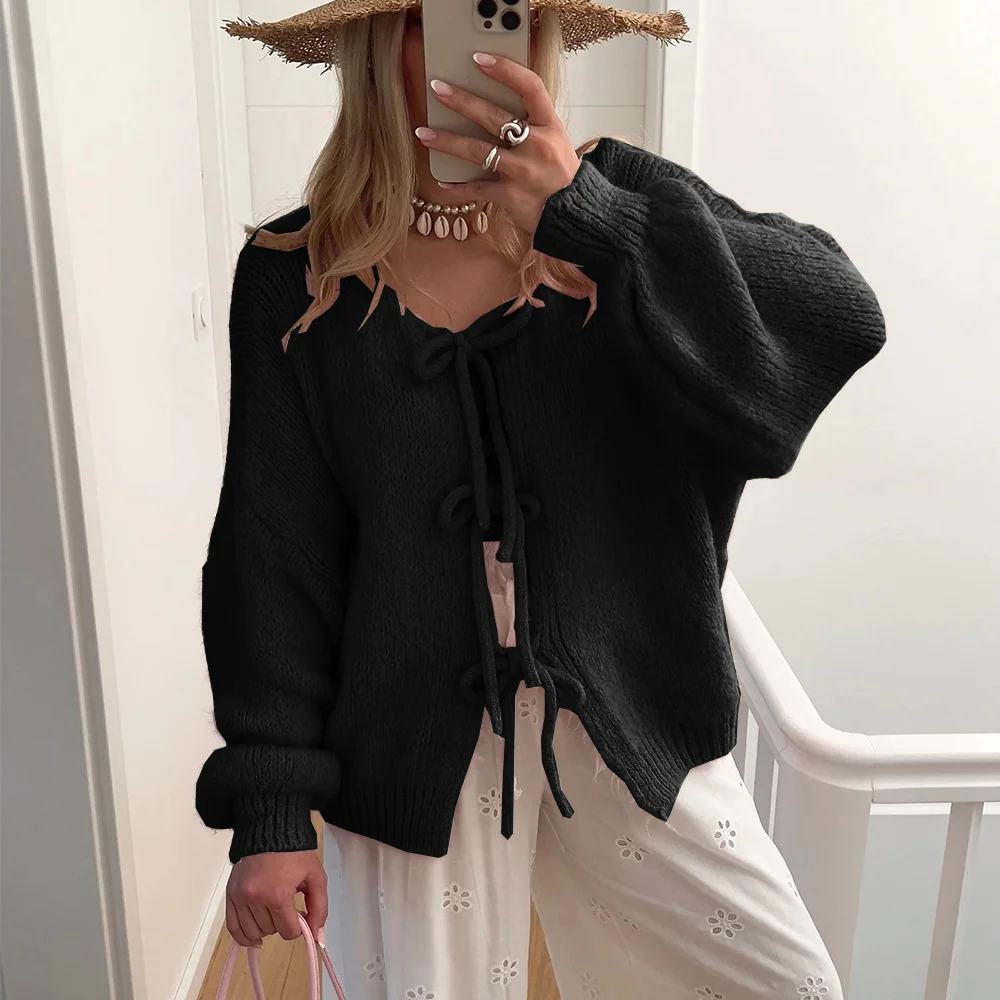 Wongn Wongn Autumn Winter New Round Collar Long Sleeve Top Pink Lace Sweater Lazy Wind Women's Cardigan Top