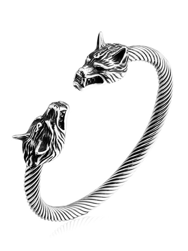 Men's Retro Double Wolf Head Open Bracelet
