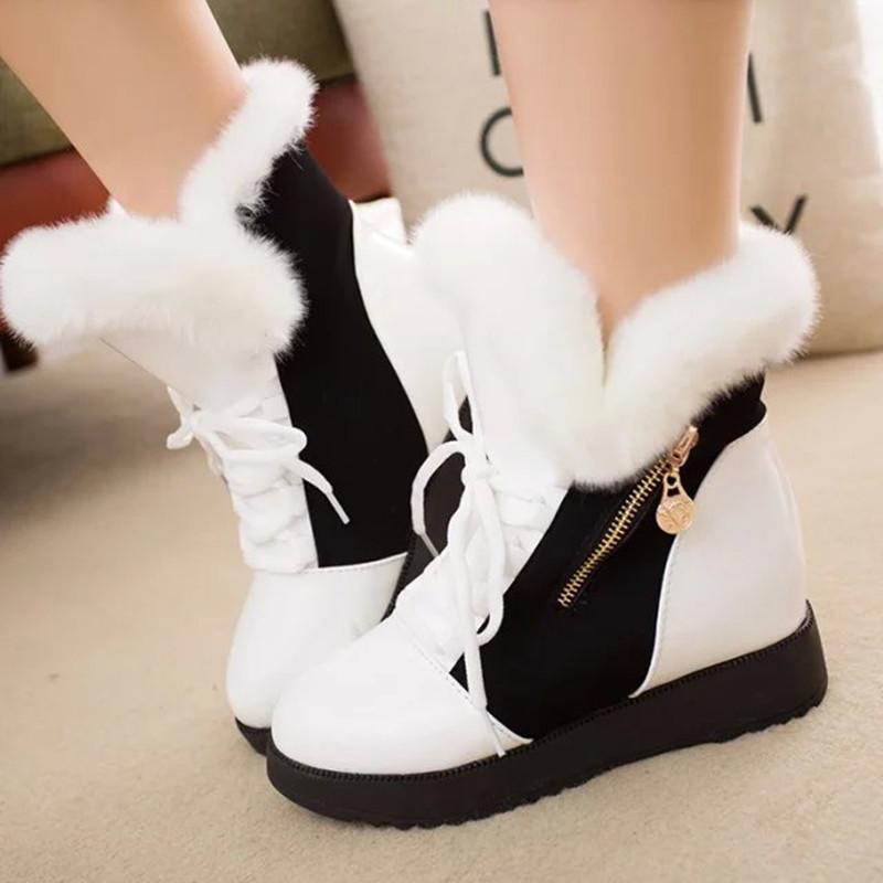 VCSHOES Side Zipper Faux Fur Patchwork Lace Up Flat Short Boots