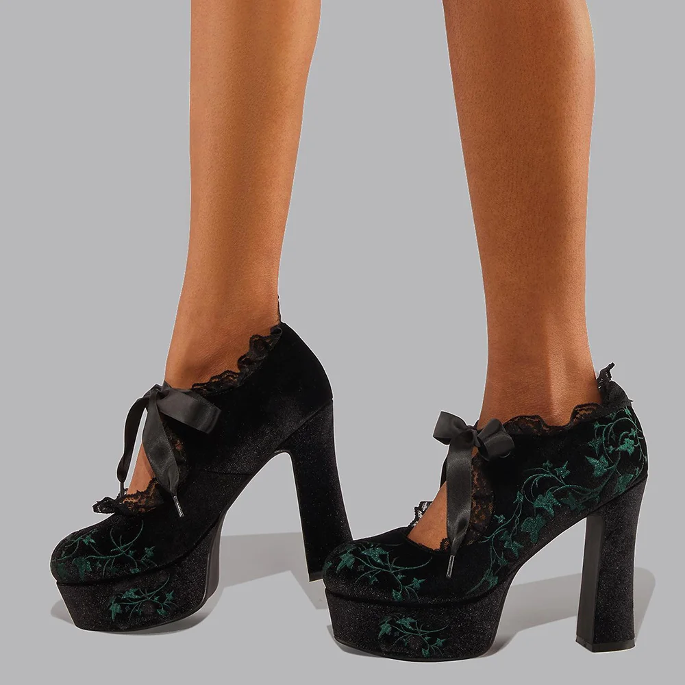 Black Tree Vine Pattern Pumps Lace Strap Platform Pumps