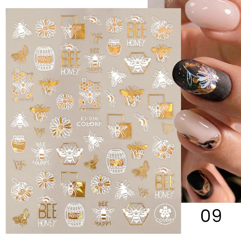 1 Pc White Gold Laser Leaves 3D Nail Stickers Leaf Cute Spring Sliders for Nails Flowers Adhesive Sticker Nail Art Design Decal-Nail Inspo