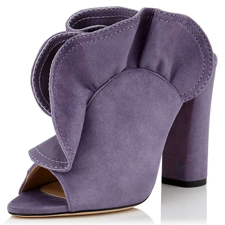 Purple Vegan Suede Ruffle Peep Toe Chunky Heel Mules Sandals |FSJ Shoes