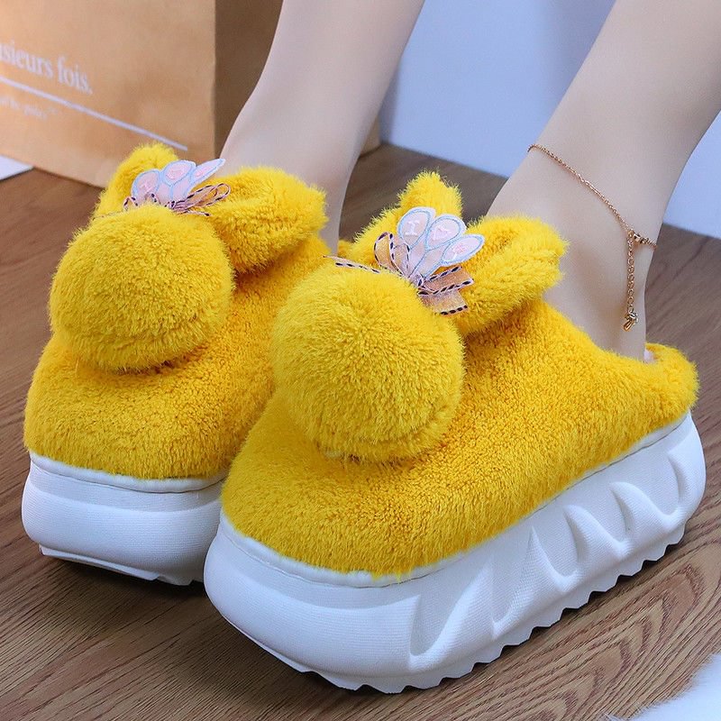 Cute Rabbit Ear Fluffy Slippers Youth Girls Winter Home Slides Shoes Women Chunky Slippers Woman Platform High Heel Slippers