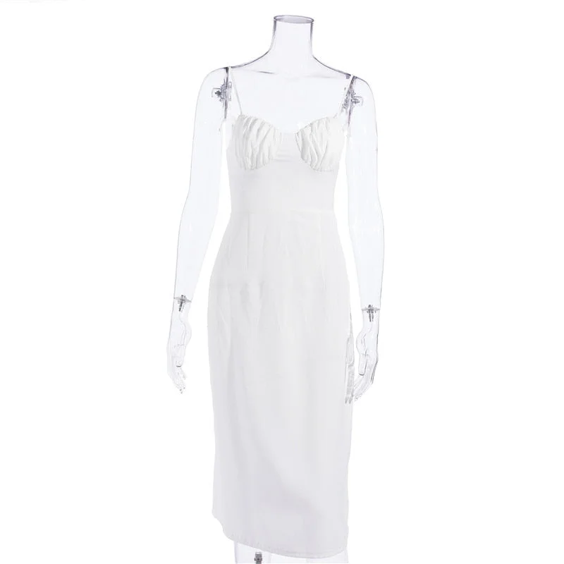 2021 Summer Vintage Women Midi Dress Sexy Backless Lace Up Long Party Ladies Dress Spaghetti Strap Elegant White Satin Dress