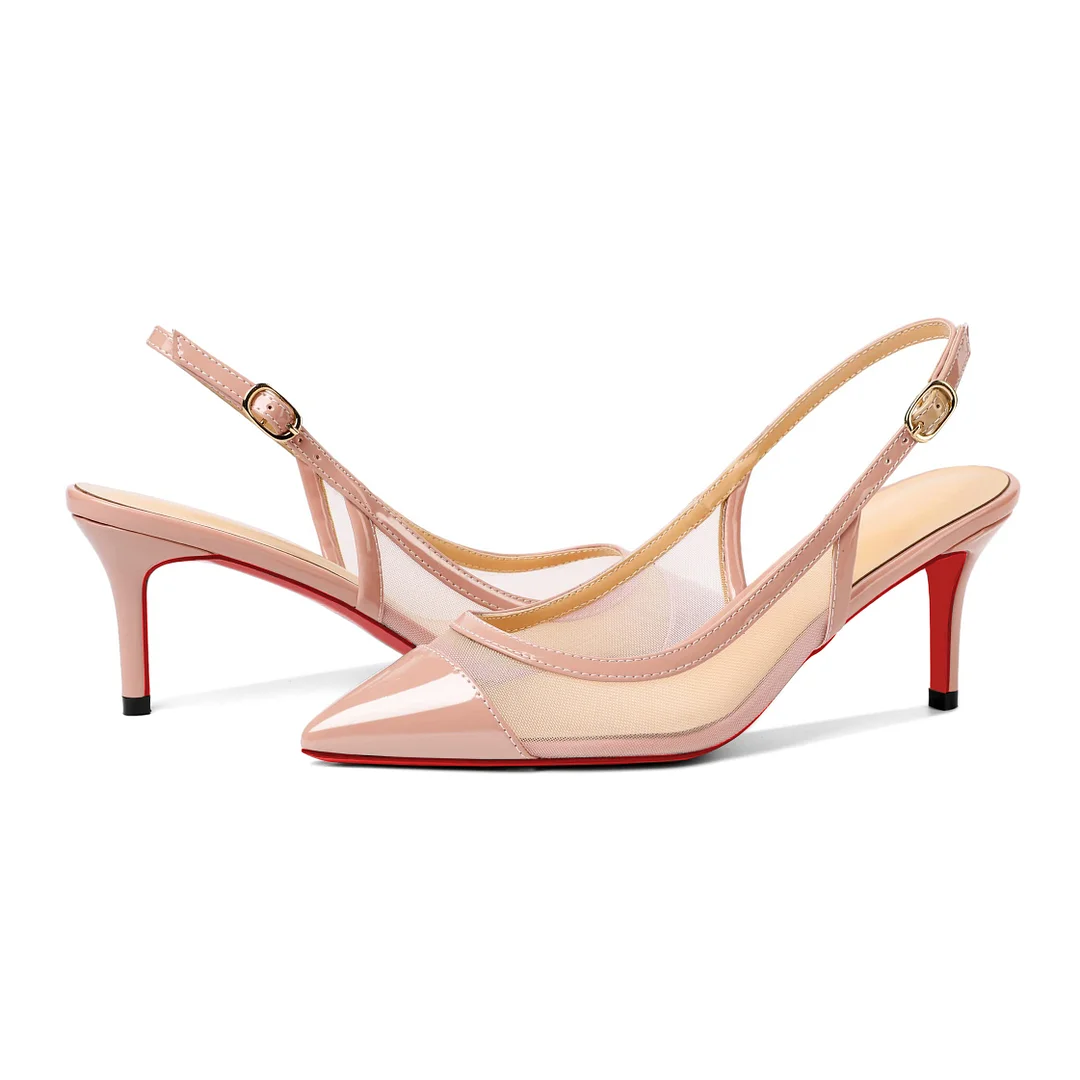 65mm Women's Pointed Toe Kitten Heel Ankle Buckle Pumps Mesh Red Bottom Patent Shoes-MERUMOTE