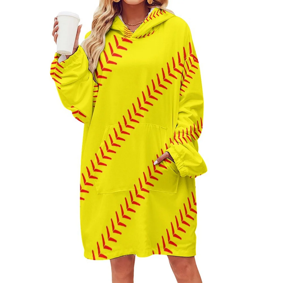 Bright Yellow Fastpitch Softball Stitches Seams Oversized Sherpa Fleece Sweatshirt Blanket Hoodie Warm Cozy Wearable Tops