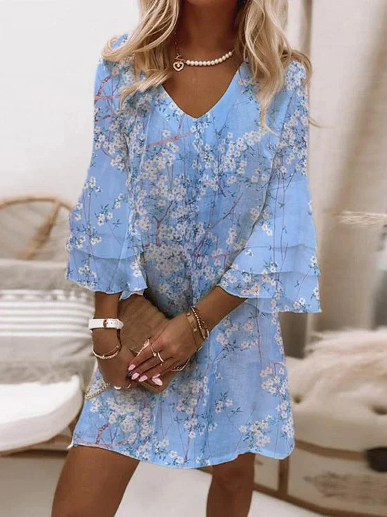 Printed V-neck mini dress