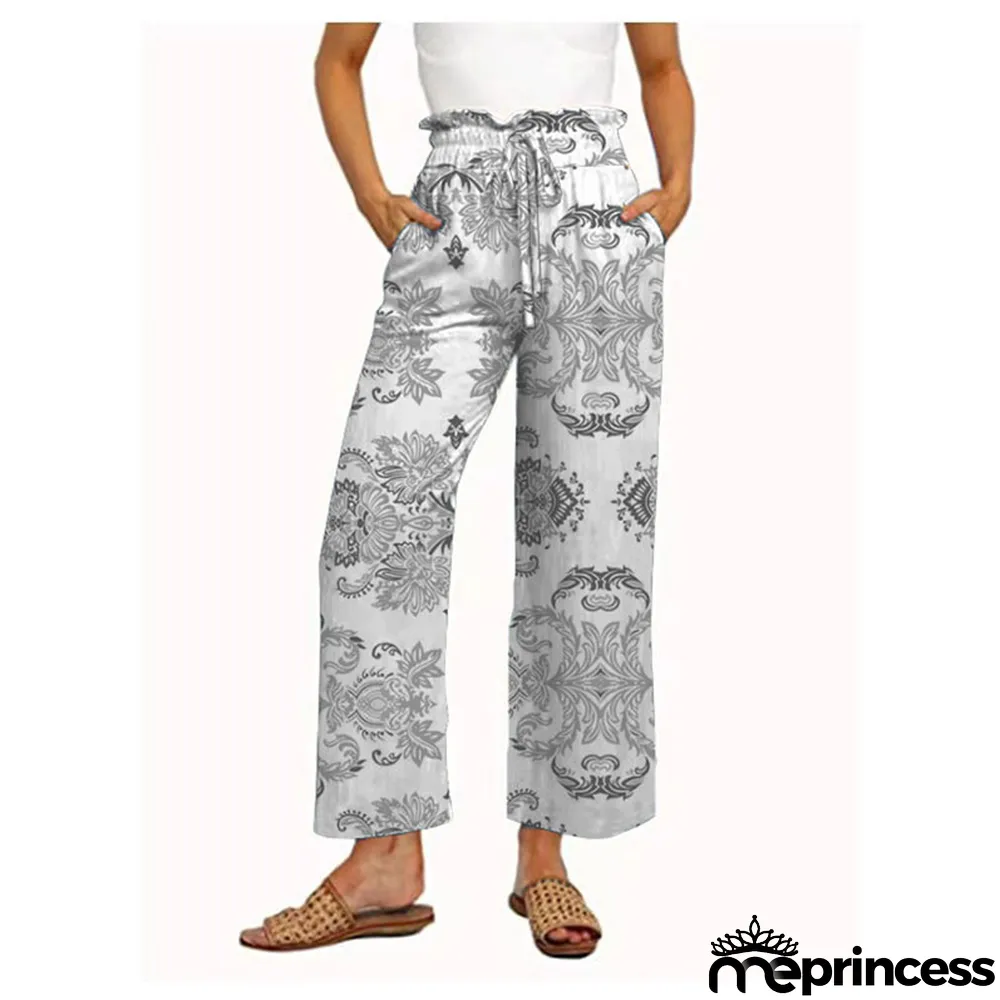 Women Casual Pants Printed Lace-Up Wide Leg Pants